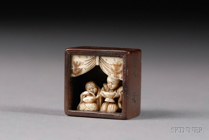 Appraisal: Wood and Ivory Netsuke th century square wooden box opening