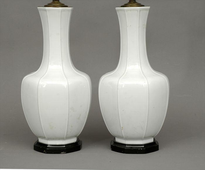 Appraisal: Pair of Chinese Blanc-de-Chine Porcelain Vases Modern Mounted as Lamps