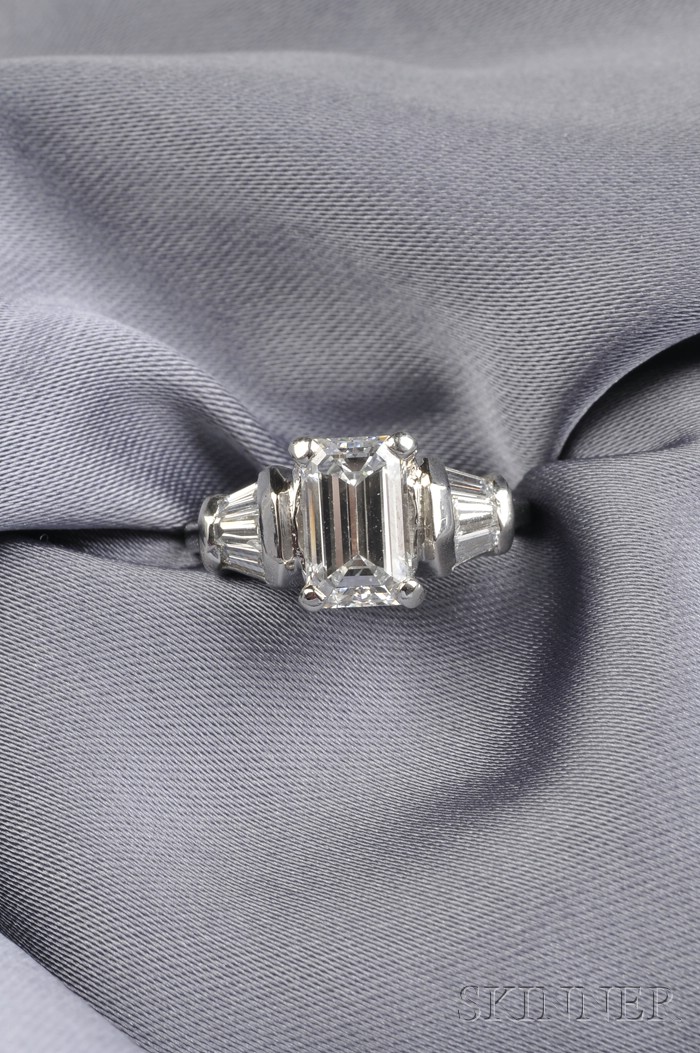 Appraisal: Platinum and Diamond Solitaire prong-set with an emerald-cut diamond weighing