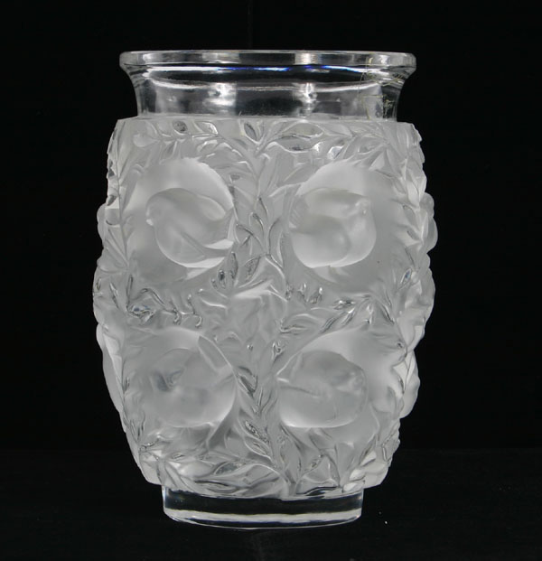 Appraisal: Lalique ''Bagatelle frosted glass vase with clear rim sparrows in