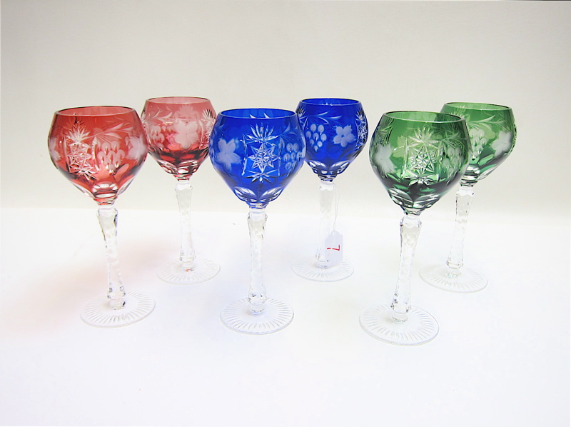 Appraisal: SET OF SIX CUT CRYSTAL HARLEQUIN WINE GOBLETS flashed and