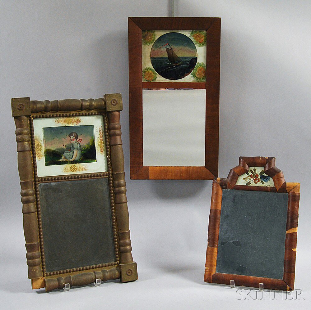 Appraisal: Three Reverse-painted Mirrors th century a mahogany veneer courting mirror