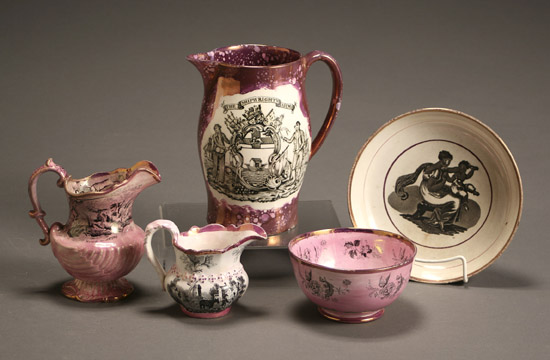 Appraisal: Group of Five English Pink Lustre Decorated and Transfer Printed