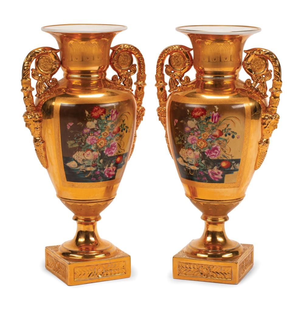 Appraisal: Pair of Large Continental Gilt and Polychrome Porcelain Amphora Vases