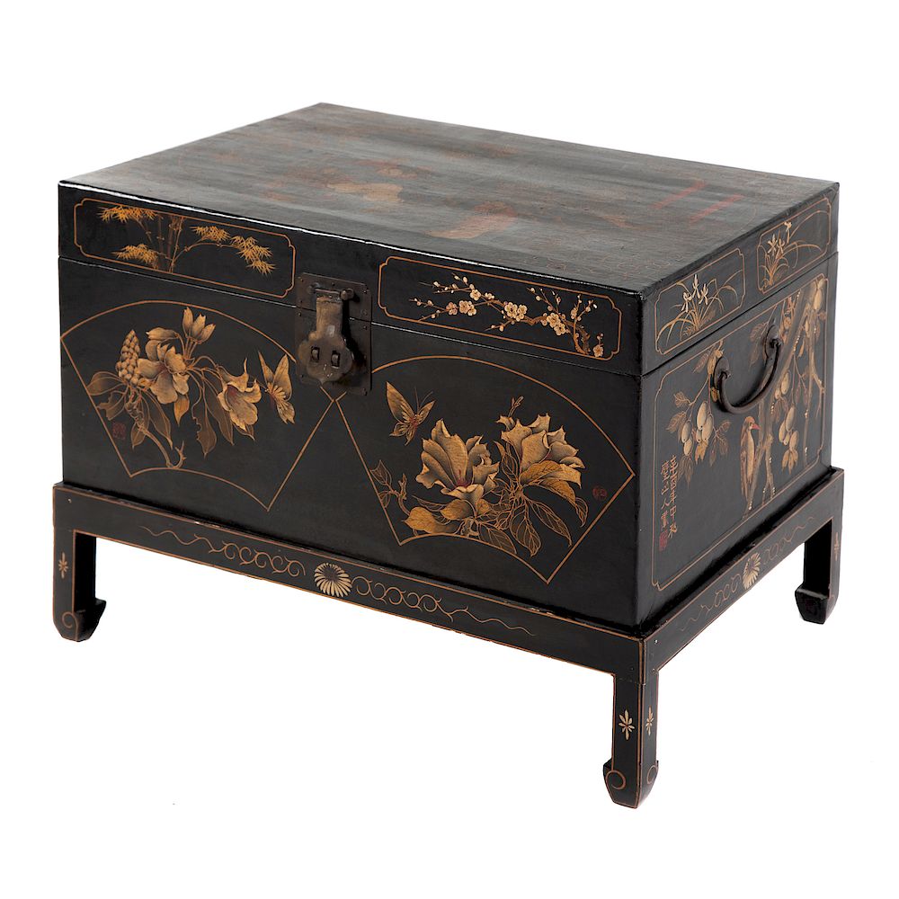 Appraisal: Chinese Lacquer Chest on Stand th century compartment enclosed by