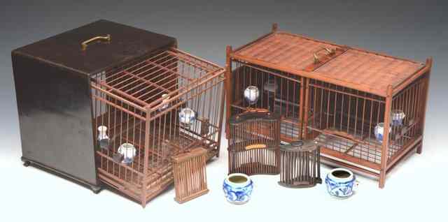 Appraisal: TWO CHINESE BAMBOO SONG BIRD CAGES with rattan sides one