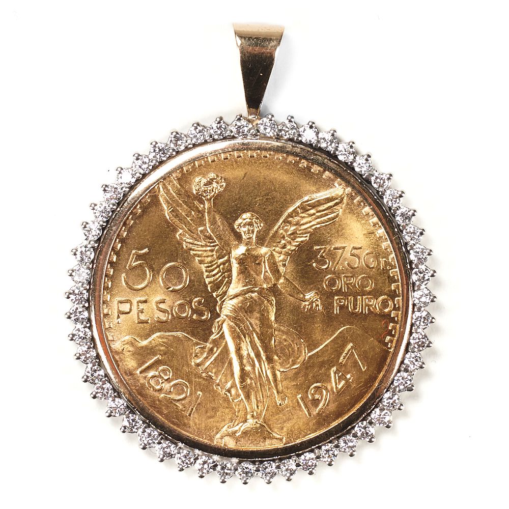 Appraisal: Fifty Peso Coin Diamond Pendant One mid-twentieth century Centenario peso