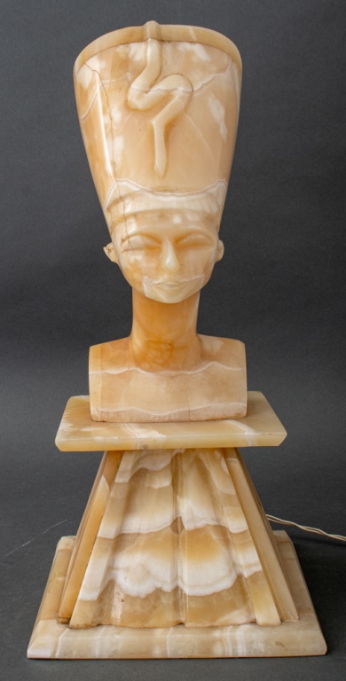 Appraisal: VINTAGE BUST OF NEFERTITI CARVED ALABASTER LAMP Vintage Egyptian Art