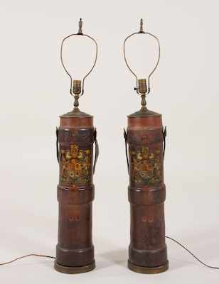 Appraisal: A Pair of Leather Fire Bucket Lamps The leather buckets