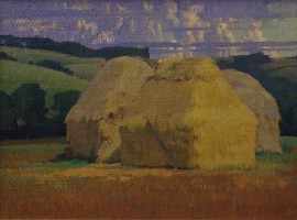 Appraisal: James Cook - Haystacks oil on canvas on board x