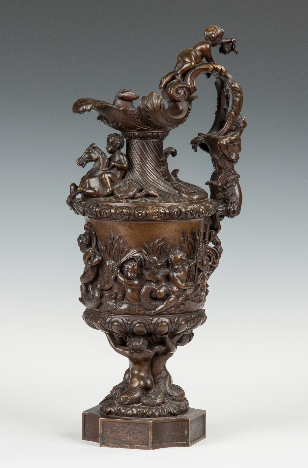 Appraisal: Bronze Ewer with Cherubs Seahorses th cent Sgn Vittoz Bronzier