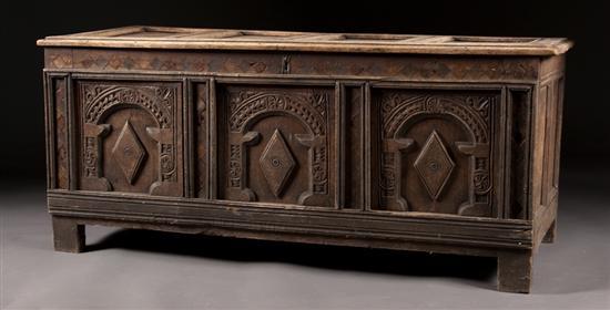 Appraisal: Jacobean Revival paneled oak blanket chest th century in H