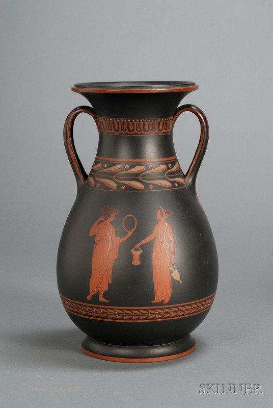 Appraisal: Wedgwood Encaustic Decorated Black Basalt Two-handled Vase England th century