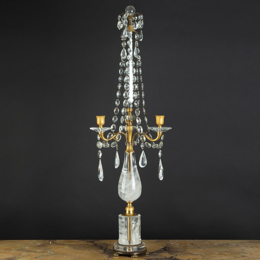 Appraisal: French Ormolu-Mounted Rock Crystal and Cut-Glass Three Light Candelabra x