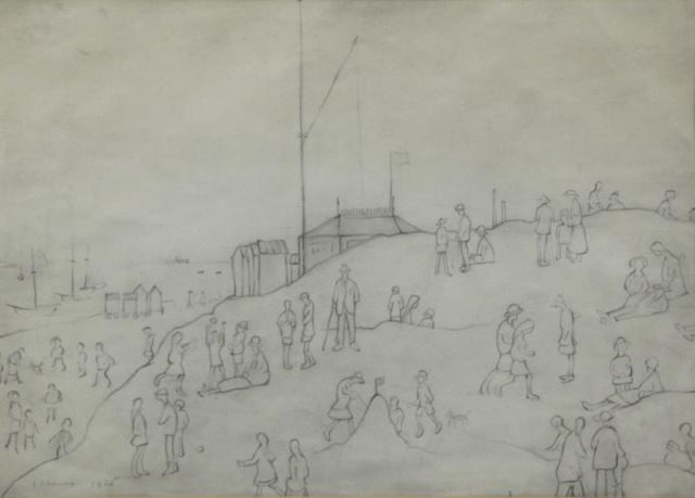 Appraisal: LOWRY Laurence S Pencil on Paper Beach Figures and Huts