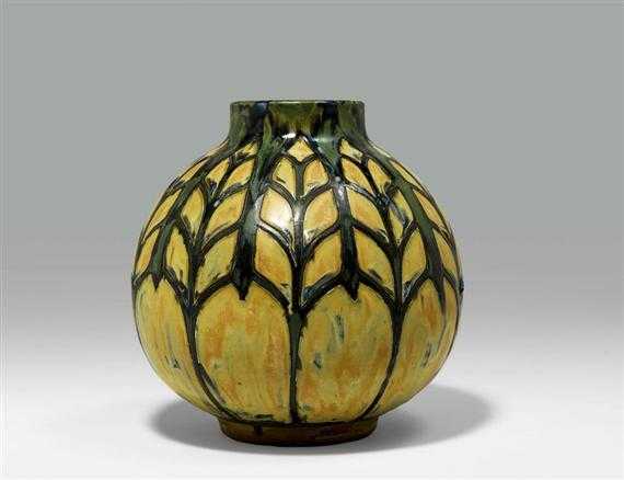 Appraisal: CATTEAU CHARLES - VASE Feuilles Keramis circa Brush-glazed fa ence