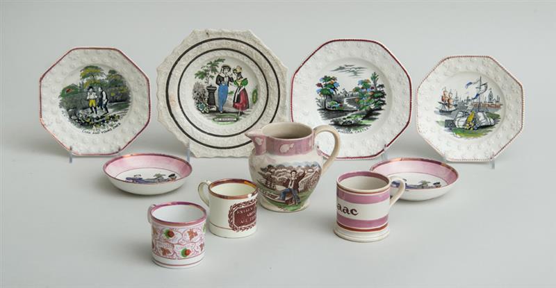 Appraisal: GROUP OF ENGLISH ROSE LUSTRE ARTICLES Comprising three transfer-printed octagonal