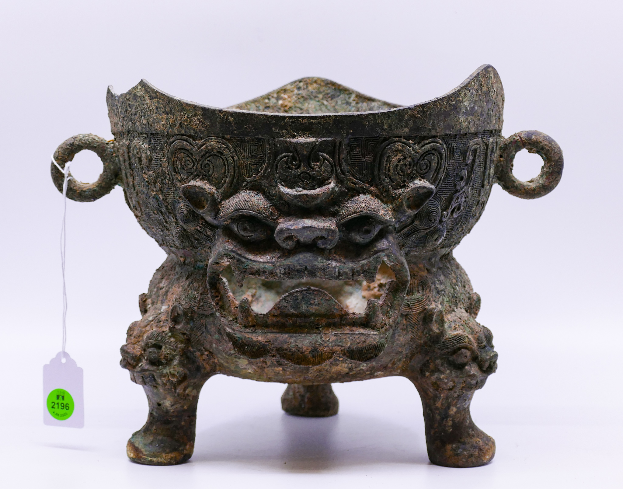 Appraisal: Chinese Archaic Bronze Tripod Mask Censer- edge chip- x ''