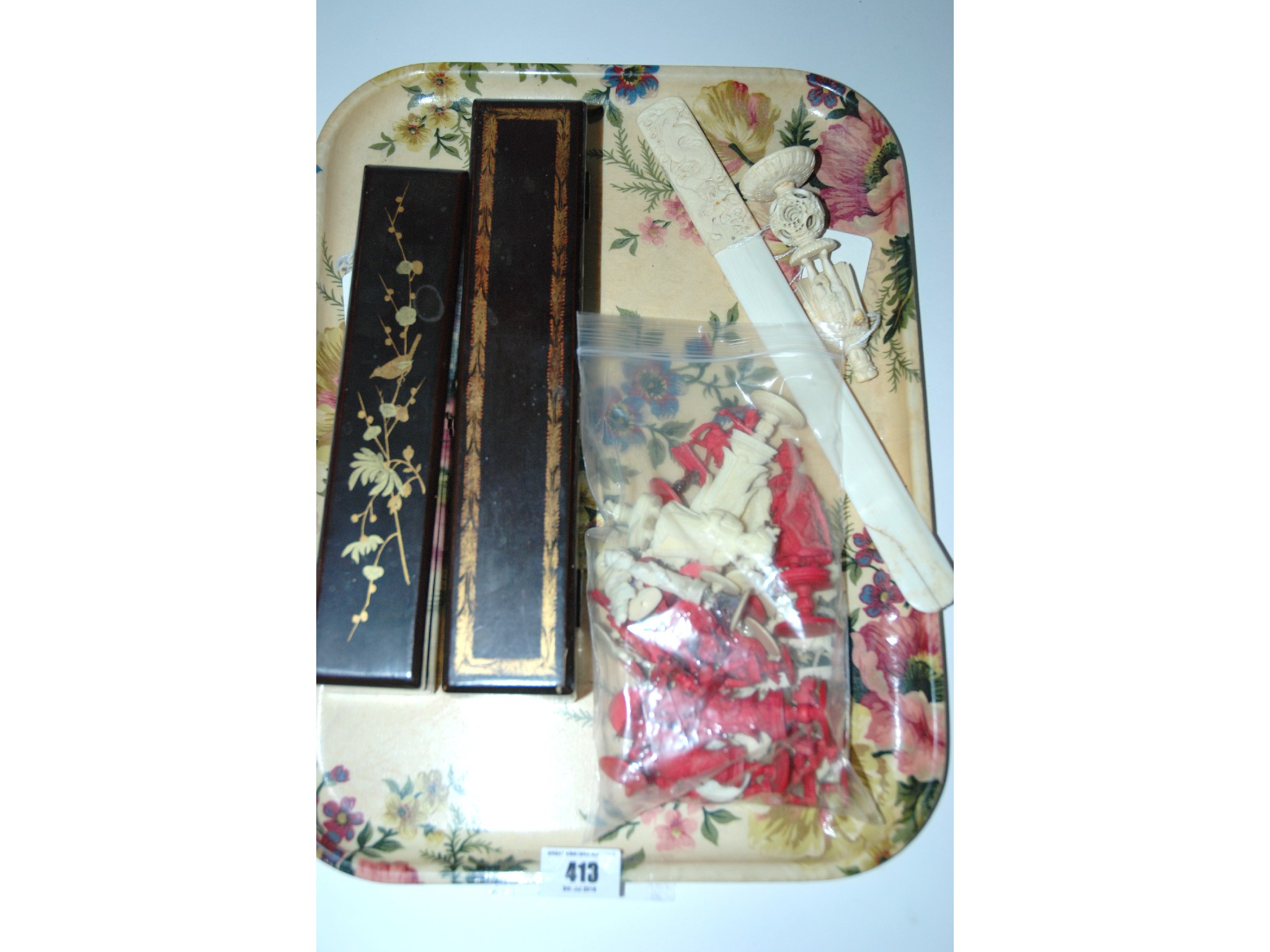 Appraisal: A chess set two lacquered boxes letter opener and chess