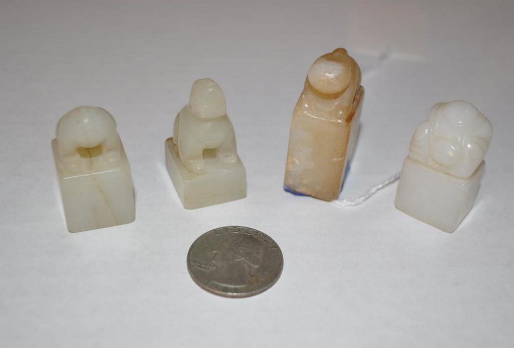 Appraisal: Group Four Chinese Jade Hardstone Seals with figural carved finials