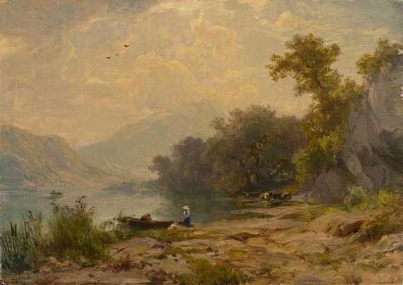 Appraisal: Z ND ROBERT Lucerne Lake landscape with boat Oil on