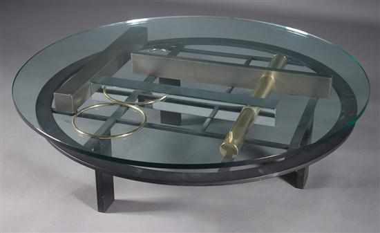 Appraisal: Contemporary mixed metal glass top circular coffee table with chrome