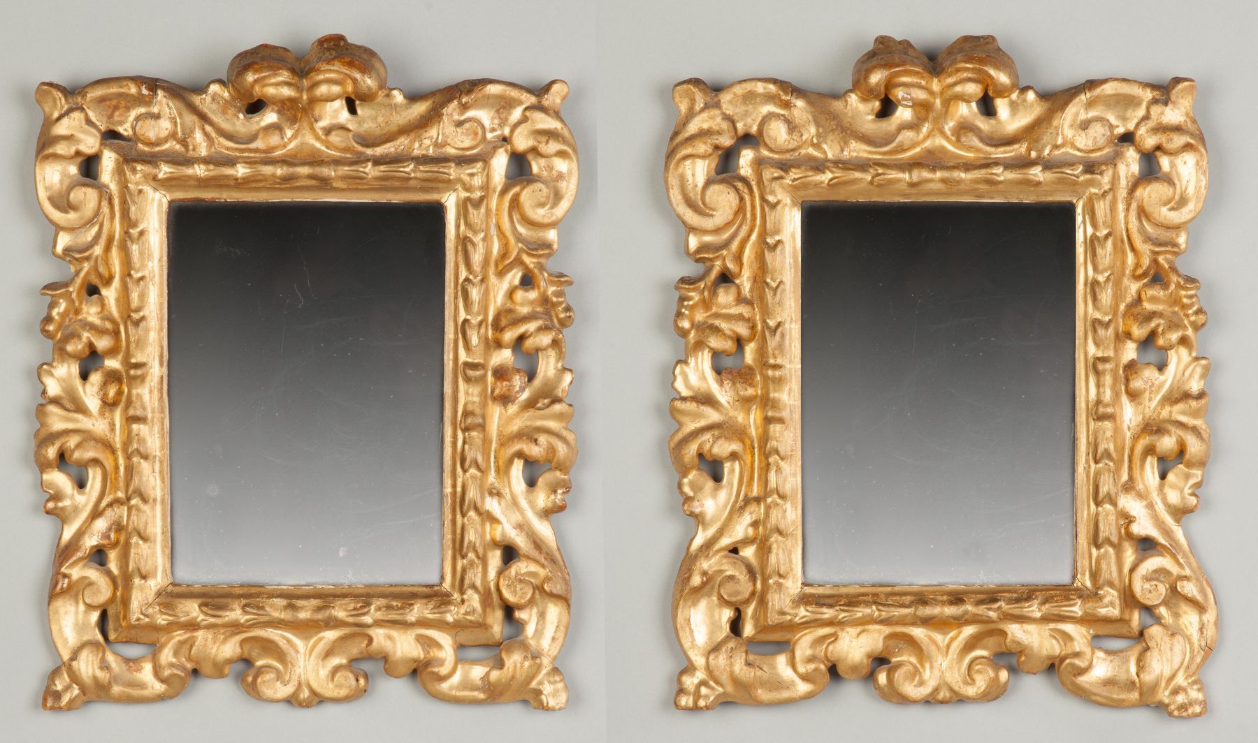 Appraisal: Pair of Carved Gilded Diminutive Italian Mirrors th cent