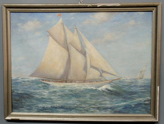 Appraisal: Oil on canvas painting of a gaff rigged schooner circa