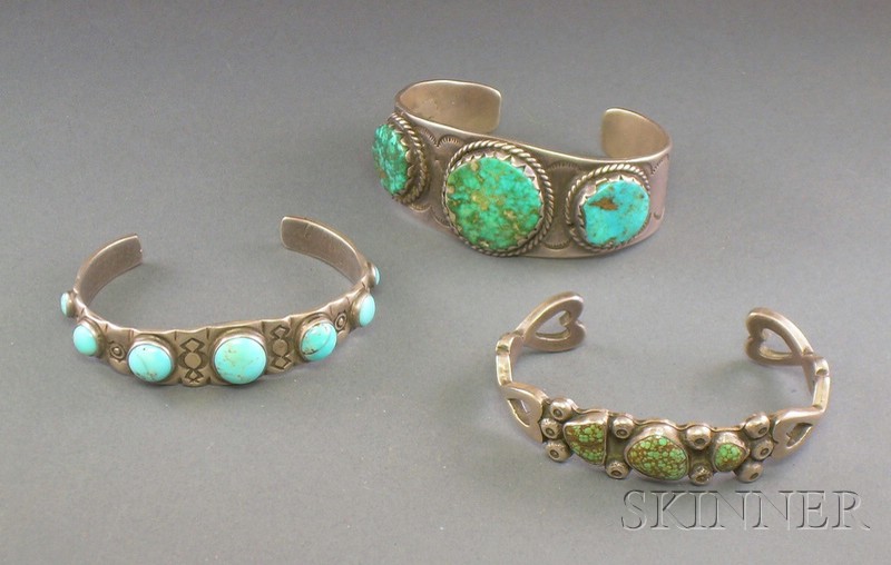 Appraisal: Three Southwest Silver and Turquoise Bracelets Navajo first half th