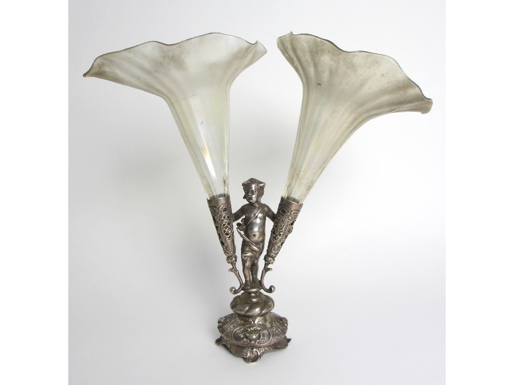 Appraisal: A Continental silver twin glass flower holder modelled as a