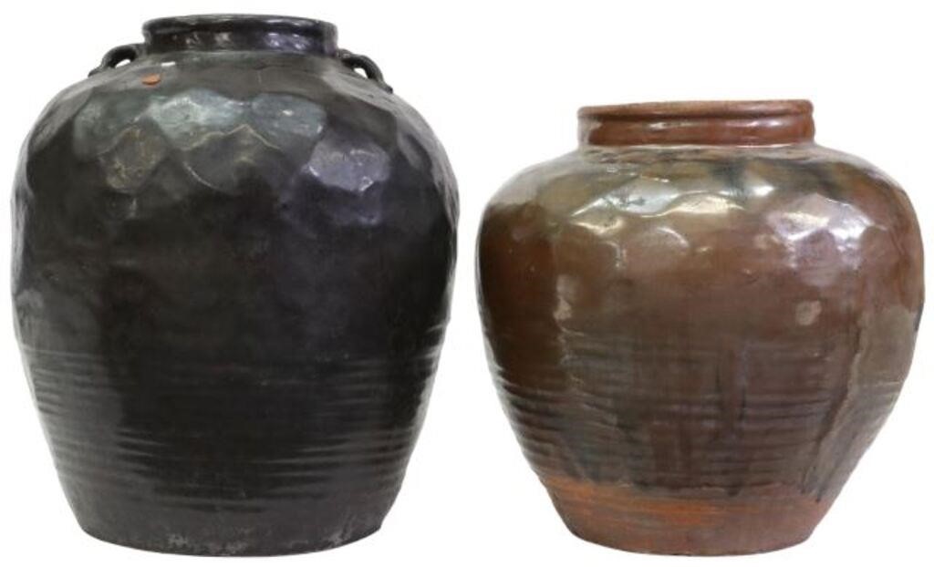 Appraisal: lot of Large Chinese glazed earthenware wine jars having ribbed