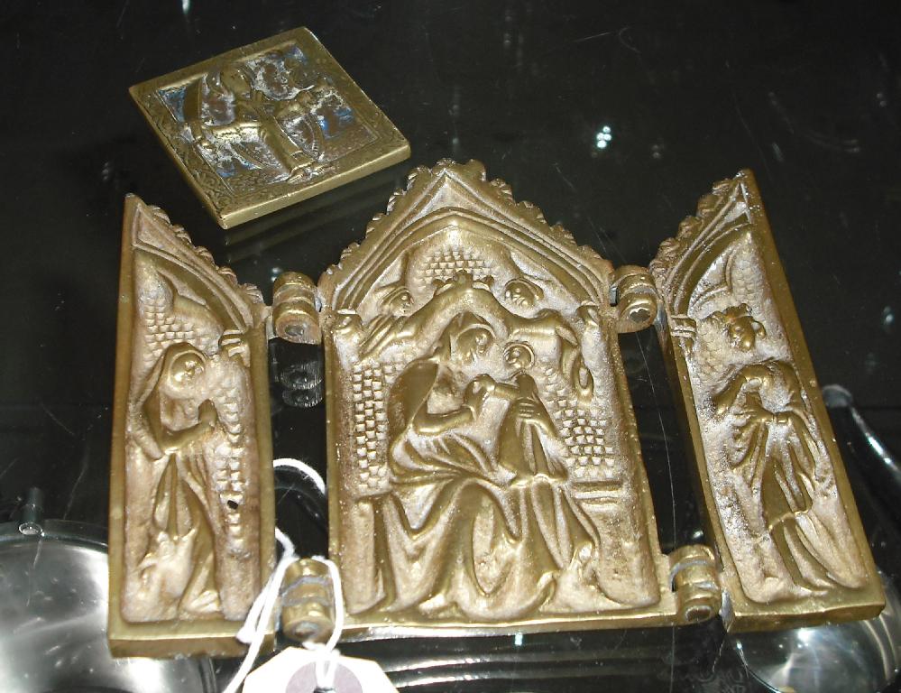 Appraisal: th century bronze hinged triptych icon depicting Mary with baby