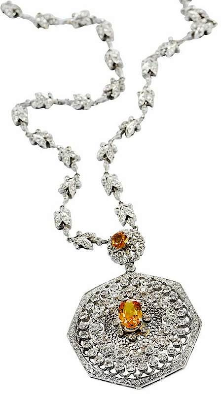 Appraisal: kt Gold Diamond Yellow Sapphire Necklace antique style approx round