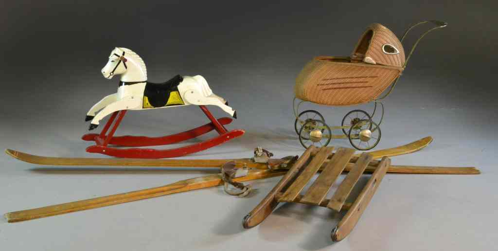 Appraisal: Wicker Buggy Wooden Sled Horse SkisTo include a child's wicker