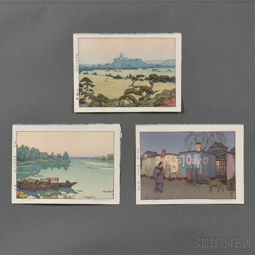 Appraisal: Toshi Yoshida - Three Color Woodblock Prints Japan Supper Waggon