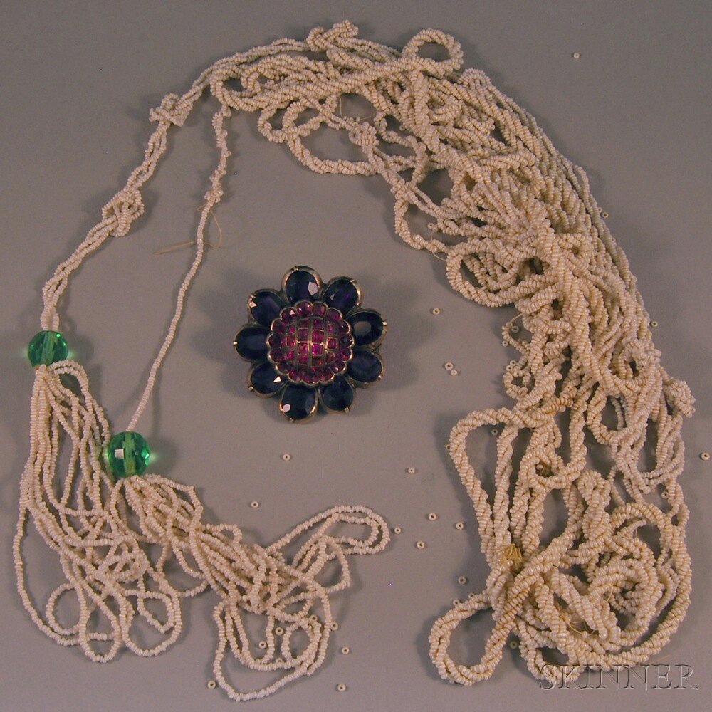 Appraisal: Gem-set Flower Brooch and Seed Bead Necklace the center of