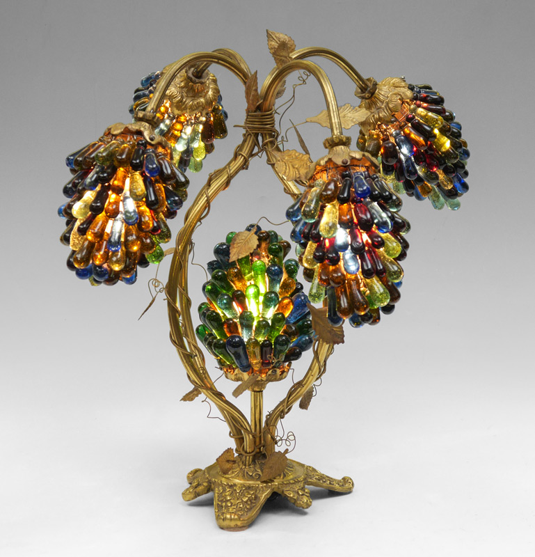 Appraisal: BRASS GLASS GRAPE CLUSTER TABLE LAMP shaped arms plus center