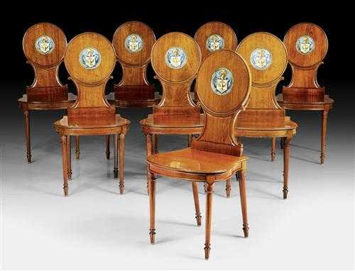 Appraisal: SET OF MAHOGANY HALL CHAIRS WITH COAT OF ARMS OF