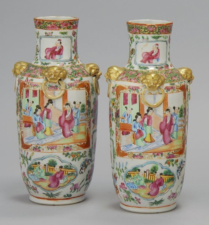 Appraisal: PAIR OF CHINESE EXPORT ROSE MANDARIN PORCELAIN VASES Circa With