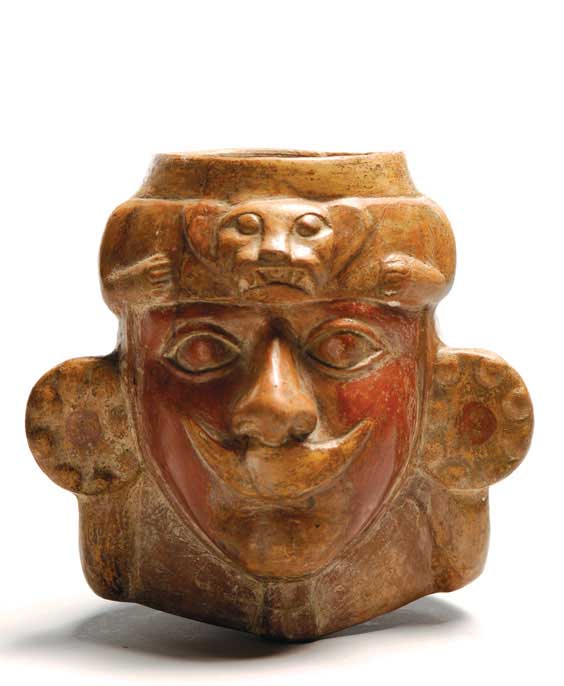 Appraisal: MOCHE PRE-COLUMBIAN VESSEL Peruvian Moche Pre-Columbian moulded pottery head vessel