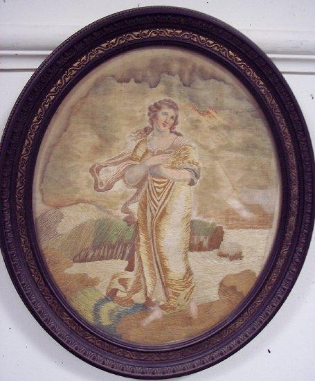 Appraisal: A George III oval silkwork panel depicting a barefoot maiden