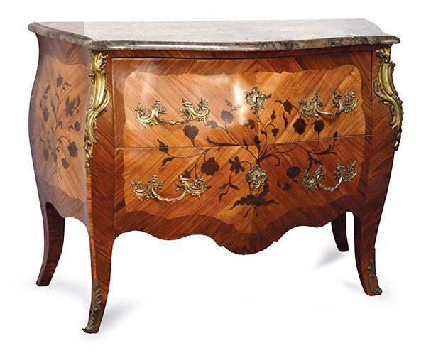 Appraisal: A LOUIS XV STYLE SERPENTINE TOP KINGWOOD COMMODE rectangular top