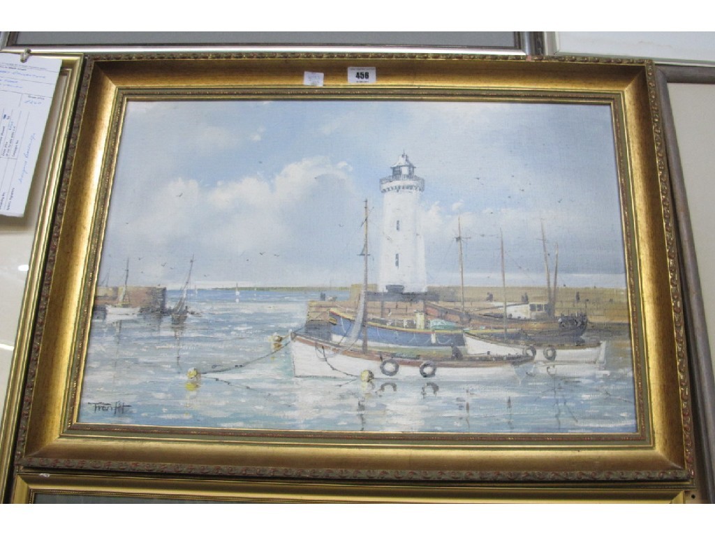 Appraisal: FRANK FITZSIMMONS Oil on canvas 'Lighthouse Newhaven Harbour Edinburgh' signed