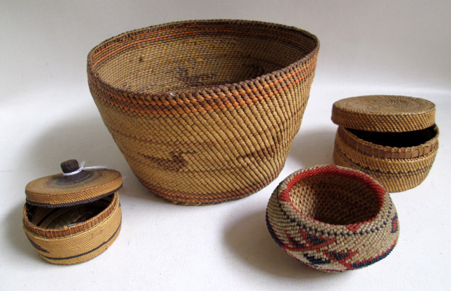 Appraisal: FOUR NATIVE AMERICAN BASKETS of woven and beaded forms Heights