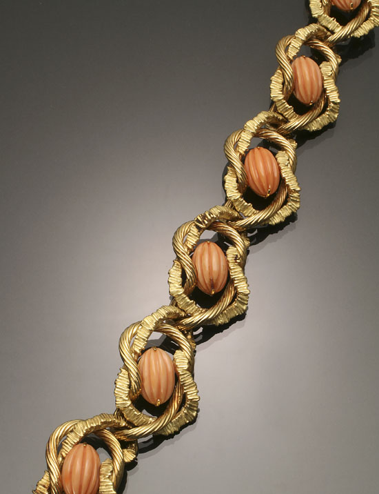 Appraisal: European -Karat Yellow-Gold and Coral Bracelet Set with six salmon-colored