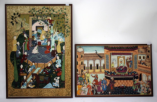 Appraisal: TWO LARGE DECORATIVE INDIAN PAINTINGS one of figures in a