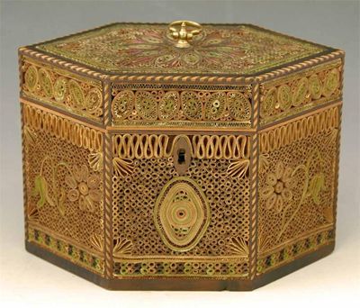 Appraisal: A George III rolled paper hexagonal tea caddy inlaid chequer