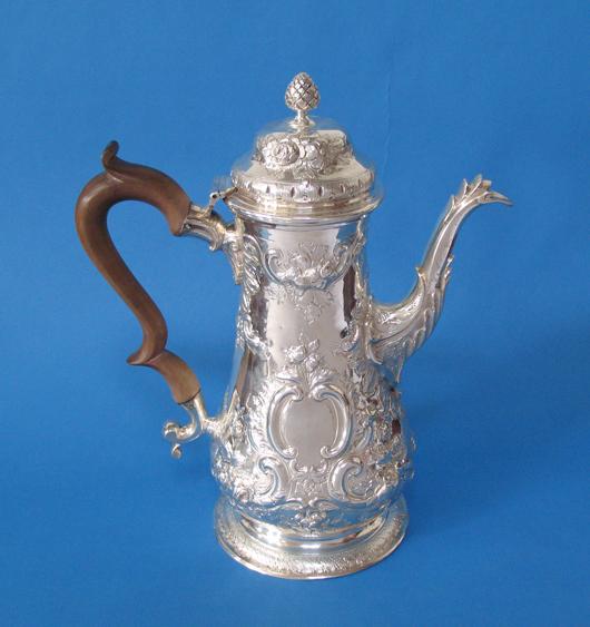 Appraisal: A GEORGE II COFFEE POT of baluster form later embossed