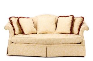 Appraisal: Southwood Upholstered Silk Damask Camelback Sofa Southwood Furniture American Hickory