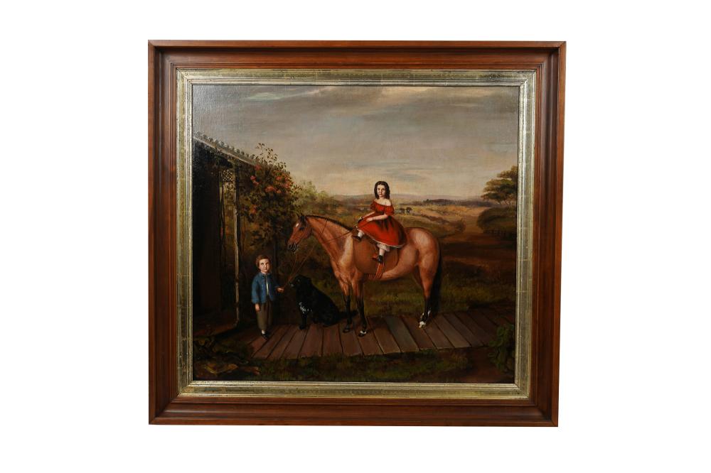 Appraisal: AMERICAN SCHOOL PORTRAIT OF TWO CHILDREN WITH HORSE AND DOGoil